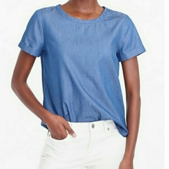 J. CREW Short Sleeve Chambray Denim Top Round Neck - Picture 1 of 12